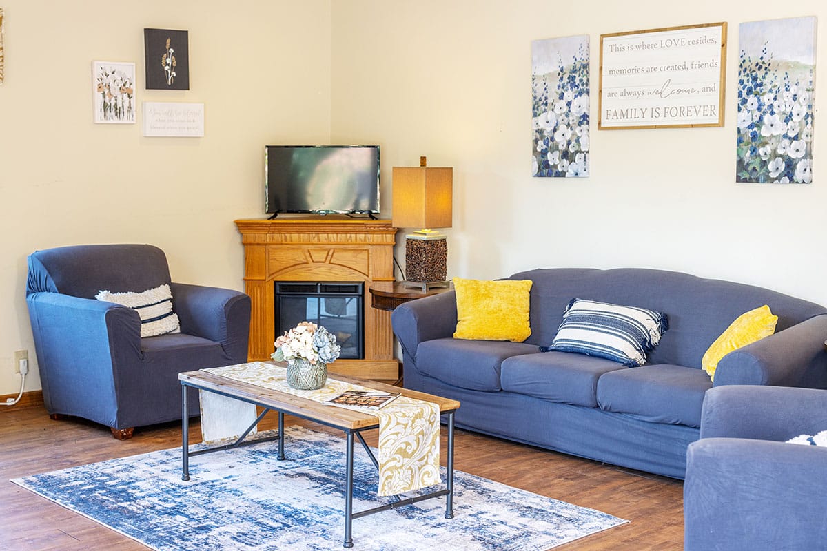 Soft sofas living area at the Piedmont Post Acute facility